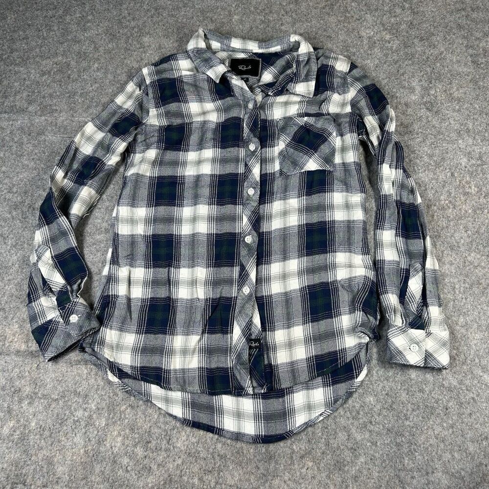 Rails Top Womens XS Button Down Plaid Green Blue Shirt Rayon Flannel Casual